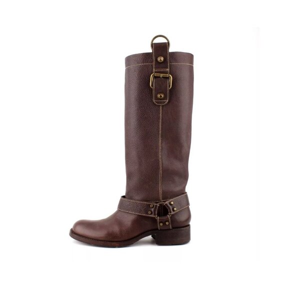 BCBGMAXAZRIA Brown Leather Riding Boots Size 8 Studded Strap Buckle Detail - Picture 1 of 10